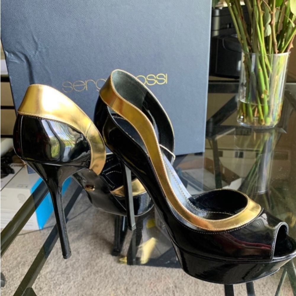 ISO Sergio Rossi, gold and black patent d’Orsay open toe heels size 10 1/2 or 11